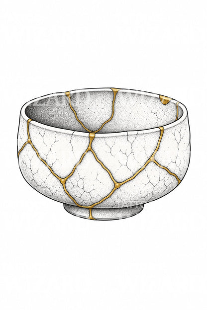 Kintsugi Gold Repair Bowl Tattoo Illustration