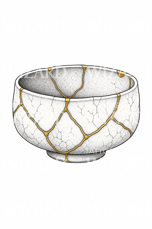 Illustrazione tatuaggio ciotola kintsugi con riparazione in oro