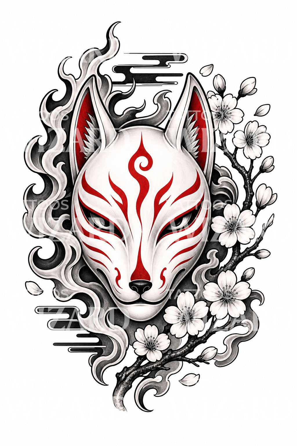 Japansk tatoveringsdesign med kitsune rævemaske
