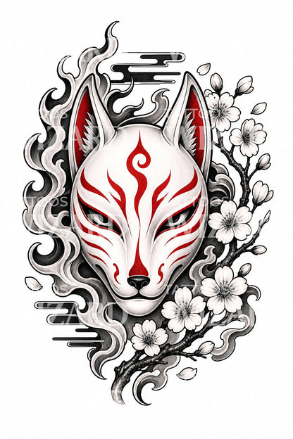 Japansk tatoveringsdesign med kitsune rævemaske