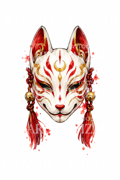 Akvarell-tatovering av en kitsune-revemaske