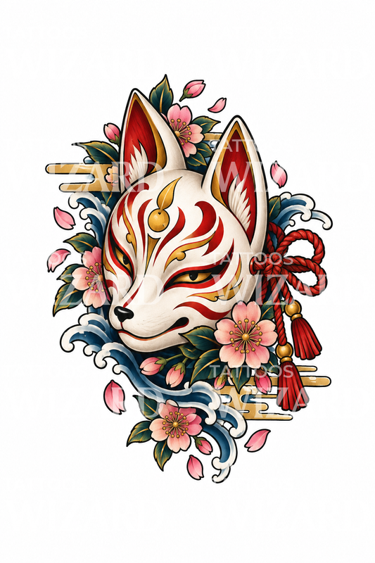 Kitsune-revemaske med kirsebærblomster som tatovering