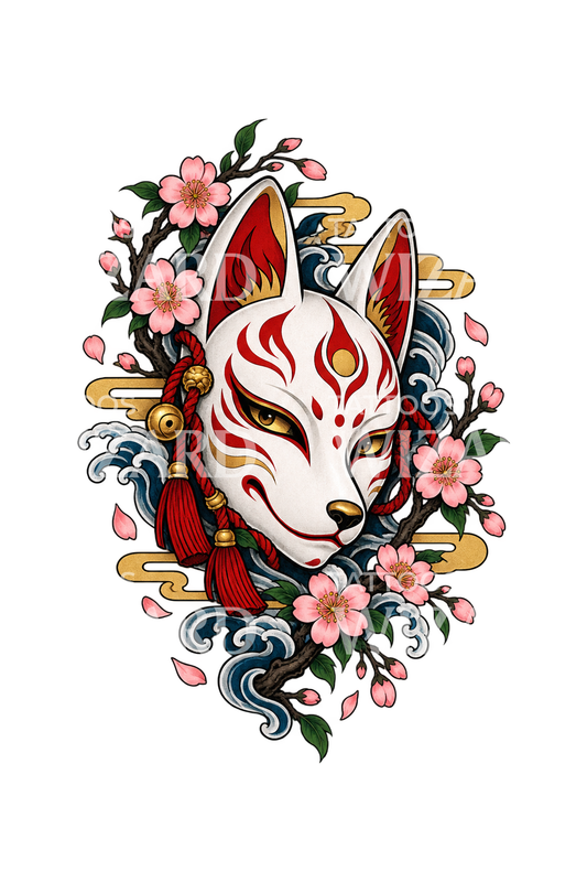 Tatuagem de máscara de raposa kitsune com flores de cerejeira