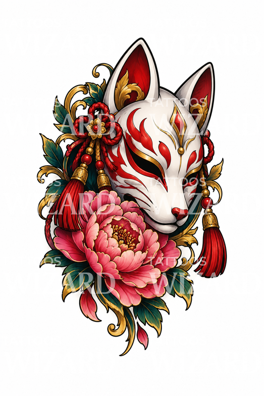Μάσκα αλεπούς Kitsune με παιώνια για τατουάζ