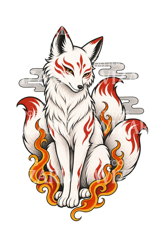 Tetování liščího ducha kitsune v plamenech