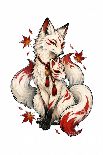 Kitsune Fox Spirit with Fox Mask Tattoo Idea