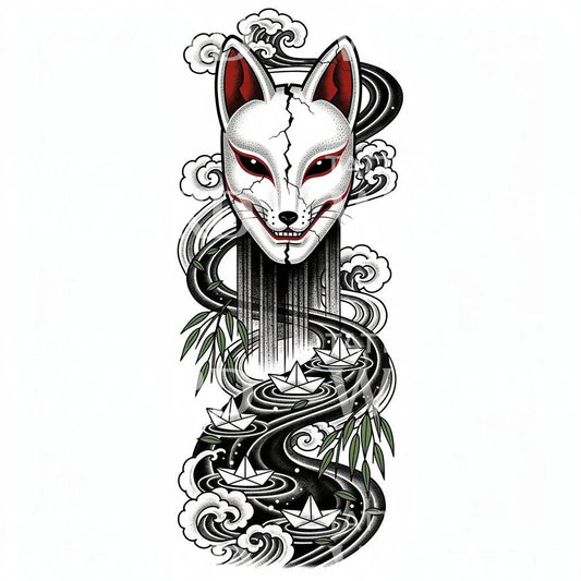 Kitsune Mask River Tattoo Design
