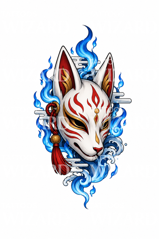 Diseño de tatuaje de máscara kitsune con fuego azul de zorro