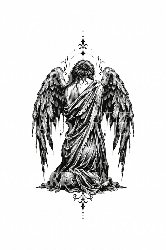 Blackwork-Tattoo eines knienden gefallenen Engels