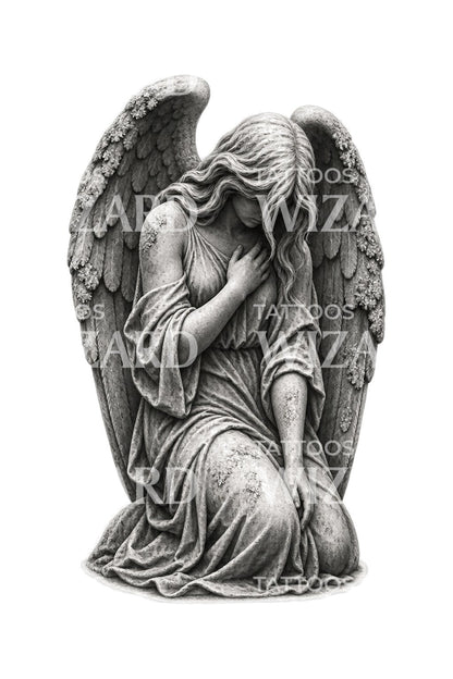 Kneeling Mourning Stone Angel Tattoo Design
