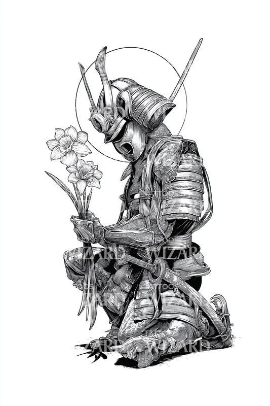Kneeling Ronin Flower Tattoo Design