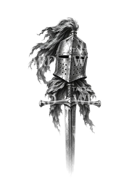 Knight Great Helm and Longsword Tattoo Illustration