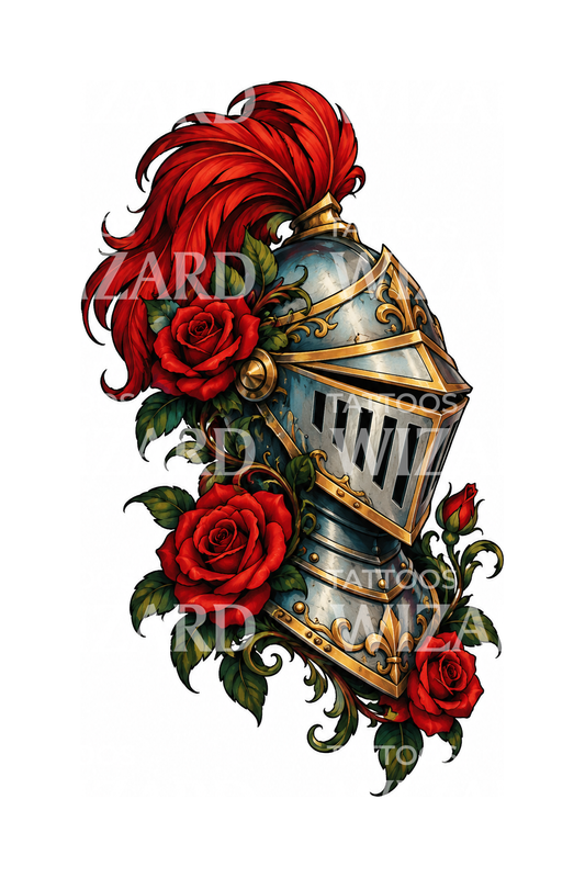 Tatoeage van een ridderhelm met klimrozen