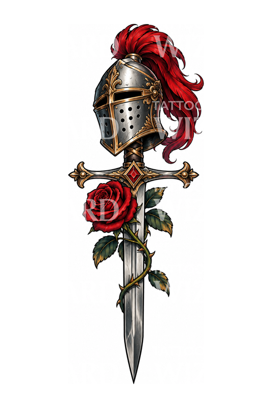 Tatouage d'un heaume de chevalier à plume rouge, épée et rose