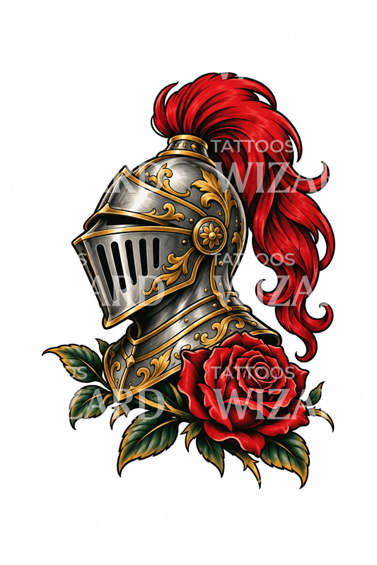 Tattoo-Design: Ritterhelm mit roter Feder und Rose