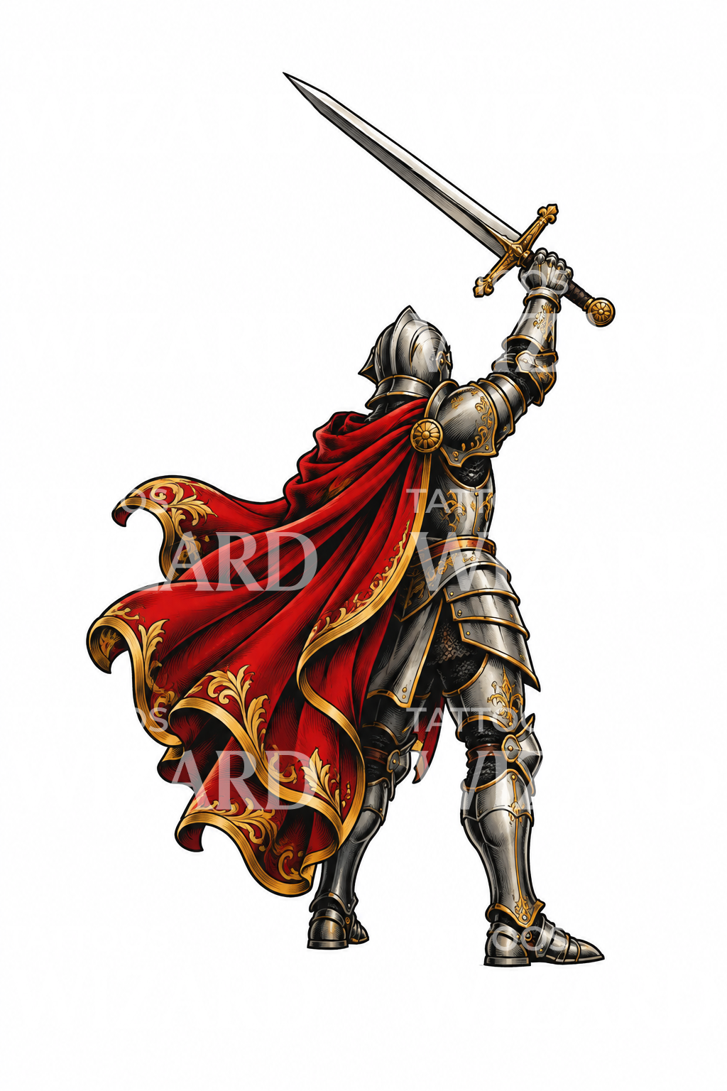 Ridder met geheven zwaard en rode cape, tattoo