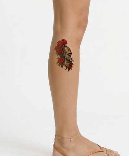 Tatuaje de yelmo de caballero con rosas trepadoras