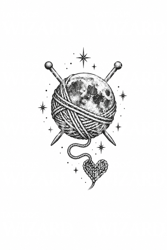 Knitting Yarn Moon with Needles Tattoo Idea