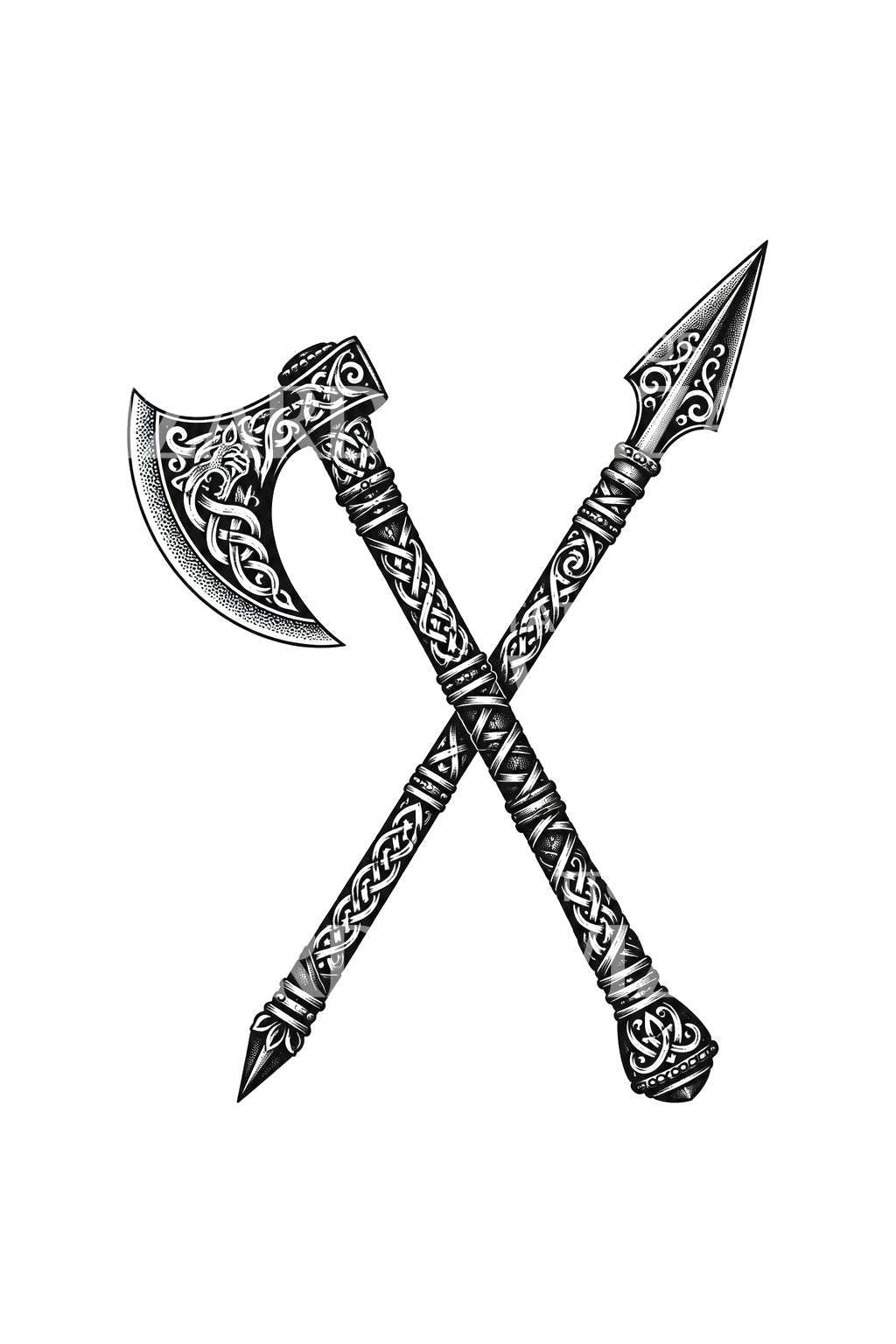 Tetování vikingské sekery a kopí s uzlovým ornamentem