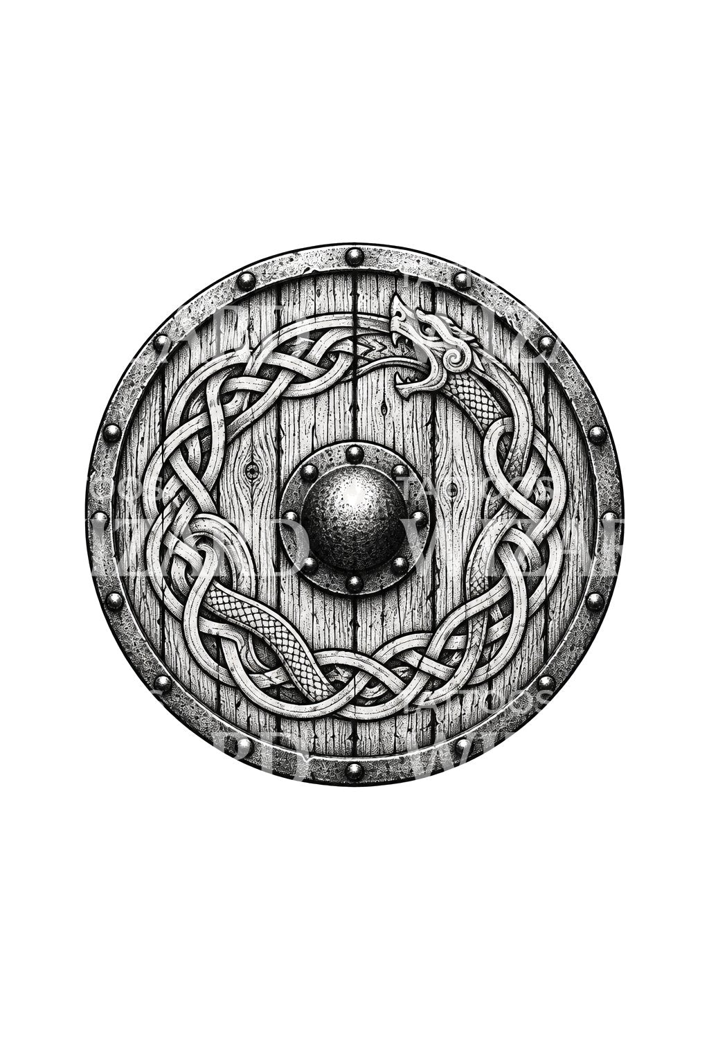 Desenho de tatuagem de escudo viking com nós em dotwork