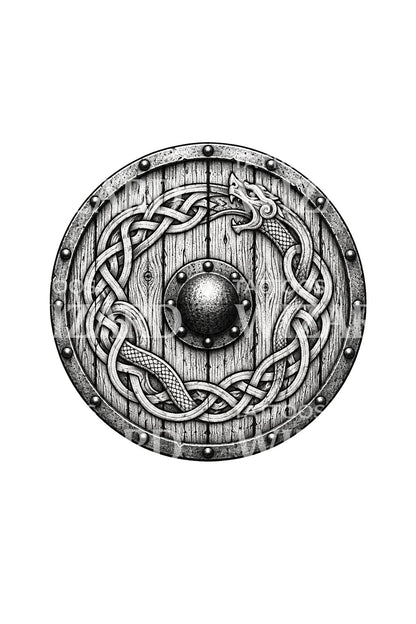Desenho de tatuagem de escudo viking com nós em dotwork