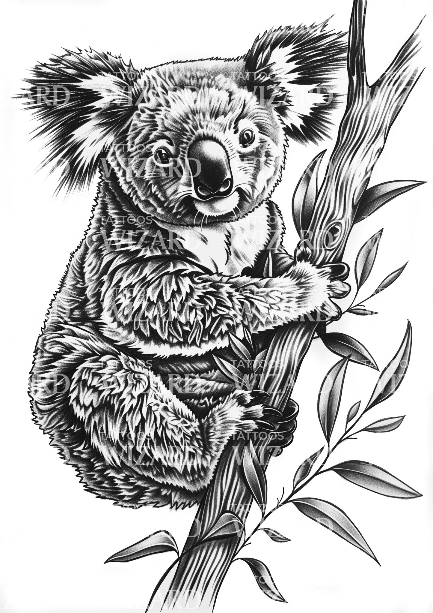 Koala Climbing Eucalyptus Tree Tattoo Design