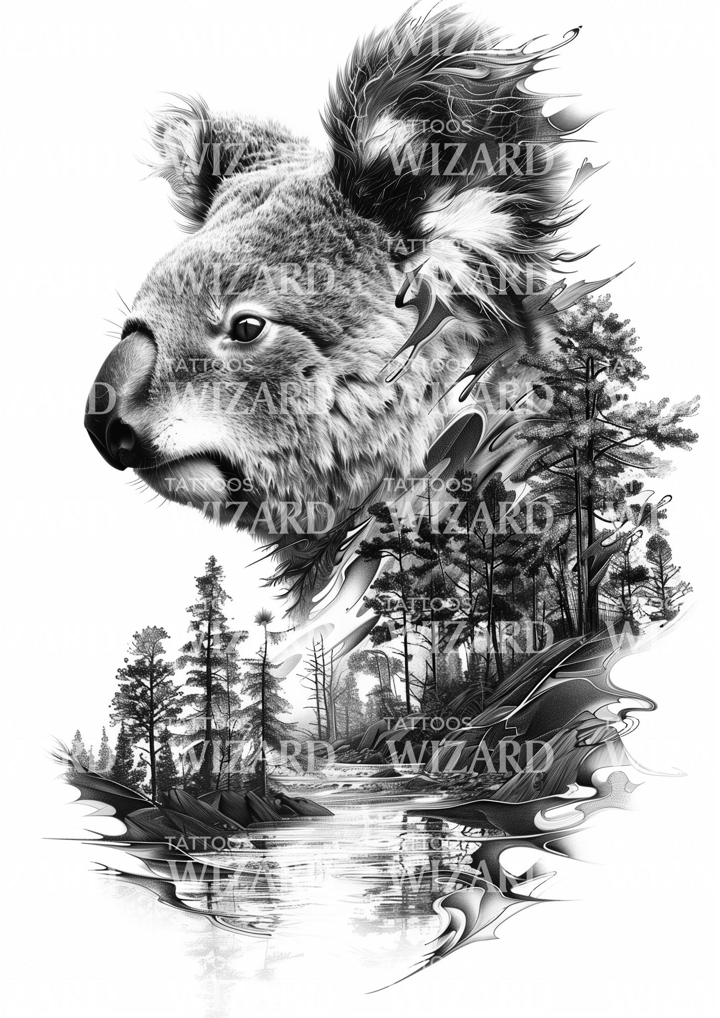 Koala in his Wild Habitat Composition Tattoo Design