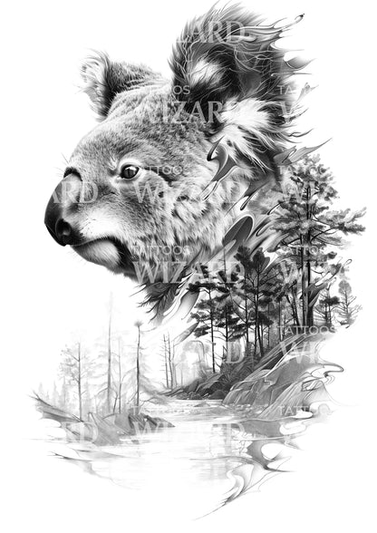 Koala in his Wild Habitat Composition Tattoo Design