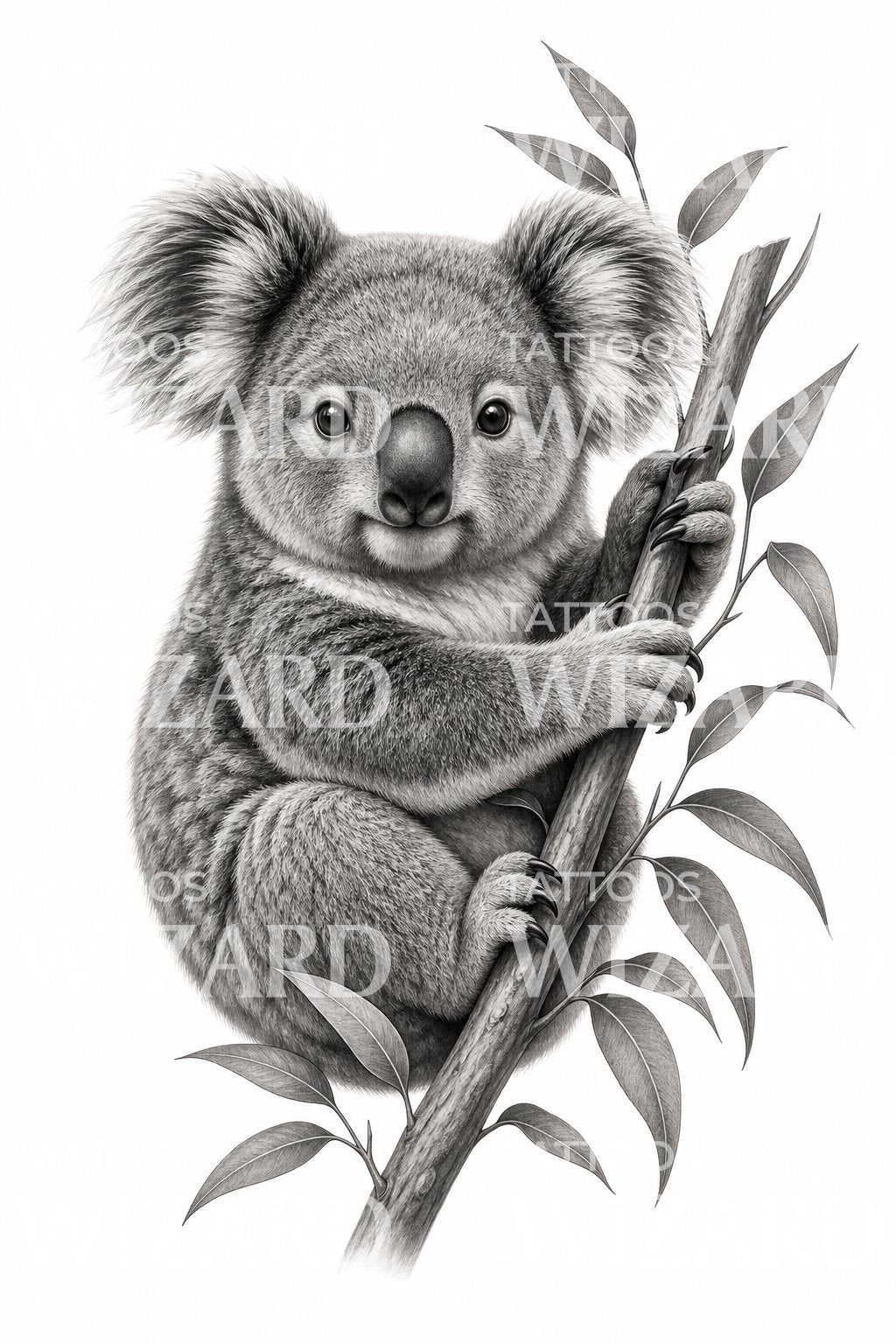 Koala auf Ast Tattoo-Design in Schwarz und Grau