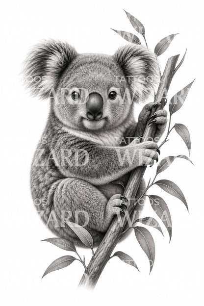 Koala auf Ast Tattoo-Design in Schwarz und Grau