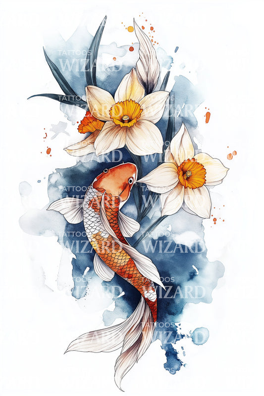Koi Daffodil Harmony Tattoo Design