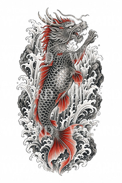 Koi Dragon Transformation Tattoo Design