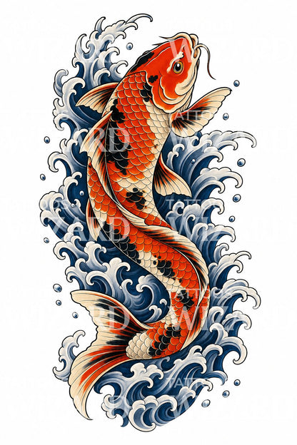 Koi Fish Swimming Upstream Tattoo Design