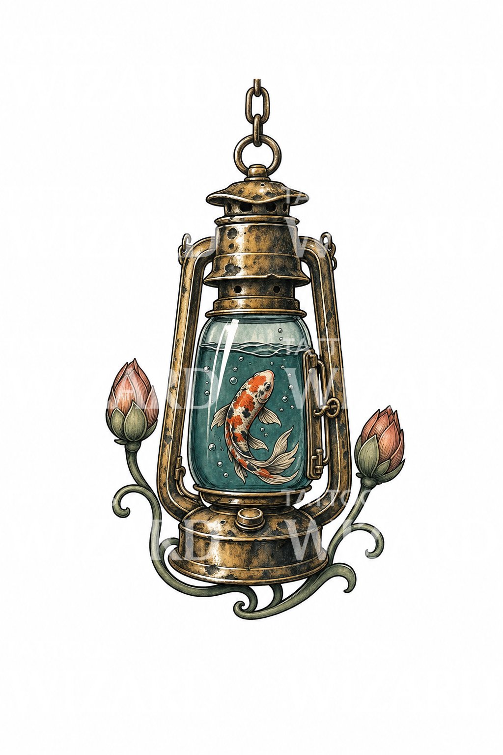 Koi in a Storm Lantern Tattoo Design