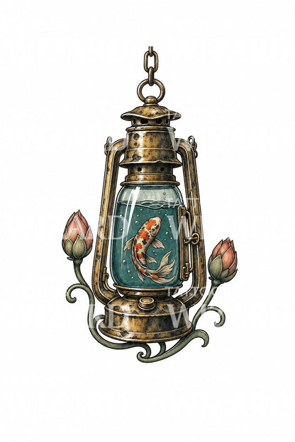 Koi in a Storm Lantern Tattoo Design