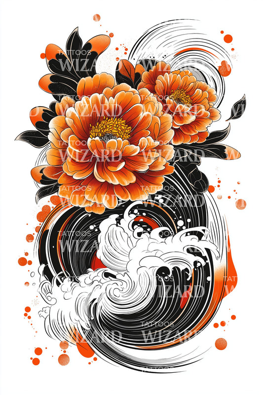 Koi Swirl Peony Tattoo Design