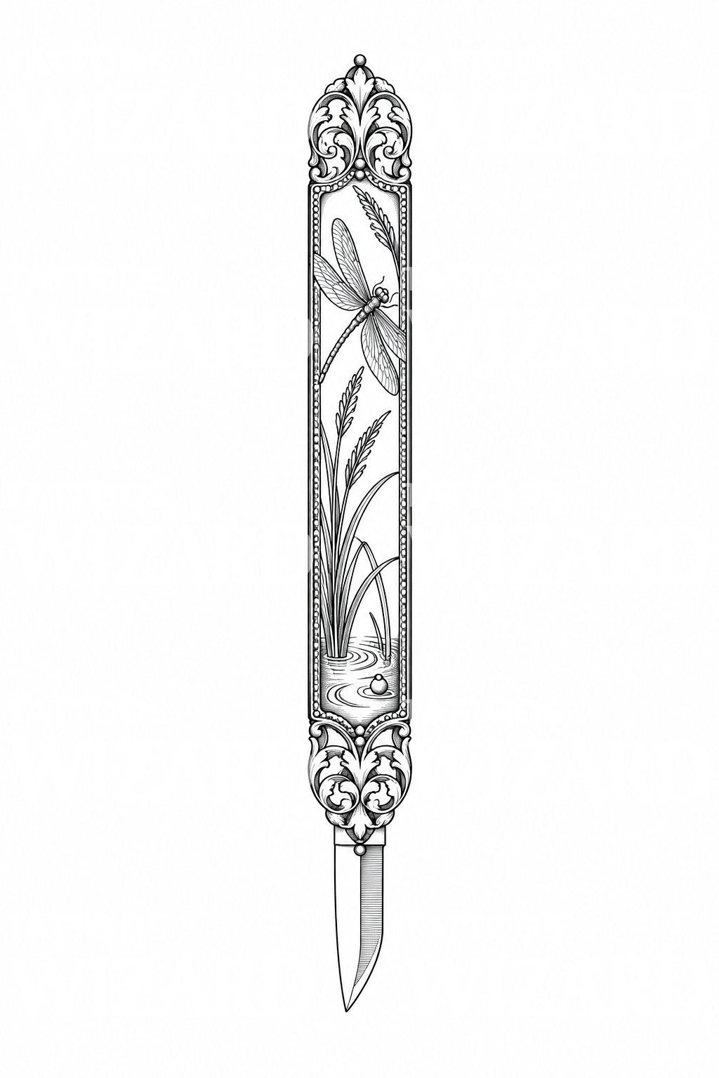 Tatoveringsdesign med øyenstikkerrelieff på kozuka-kniv