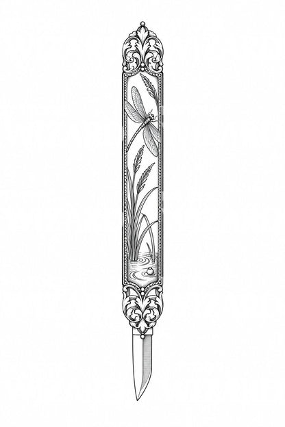 Tatoveringsdesign med øyenstikkerrelieff på kozuka-kniv