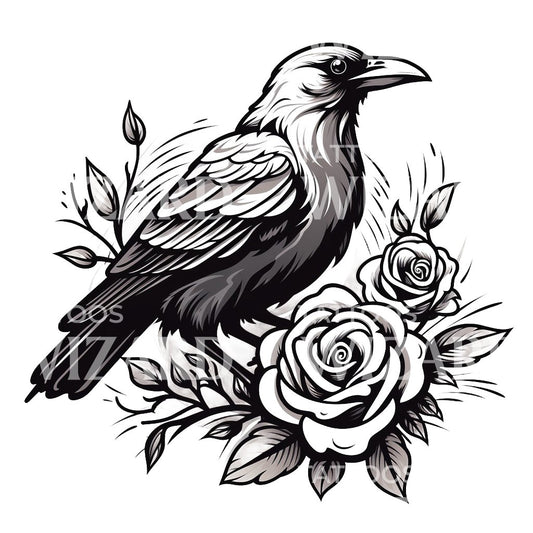 Old School Raven and Roses Black and White Tattoo Design