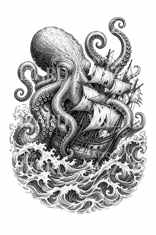 Kraken and Ship Tattoo Design