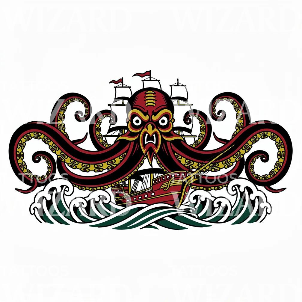 Kraken Pirate Ship Tattoo Design