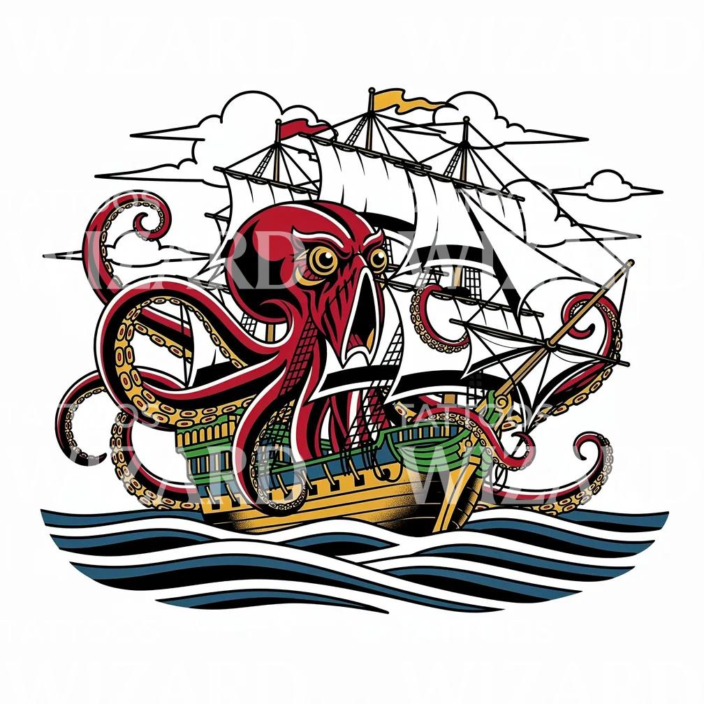 Kraken Pirate Ship Tattoo Design