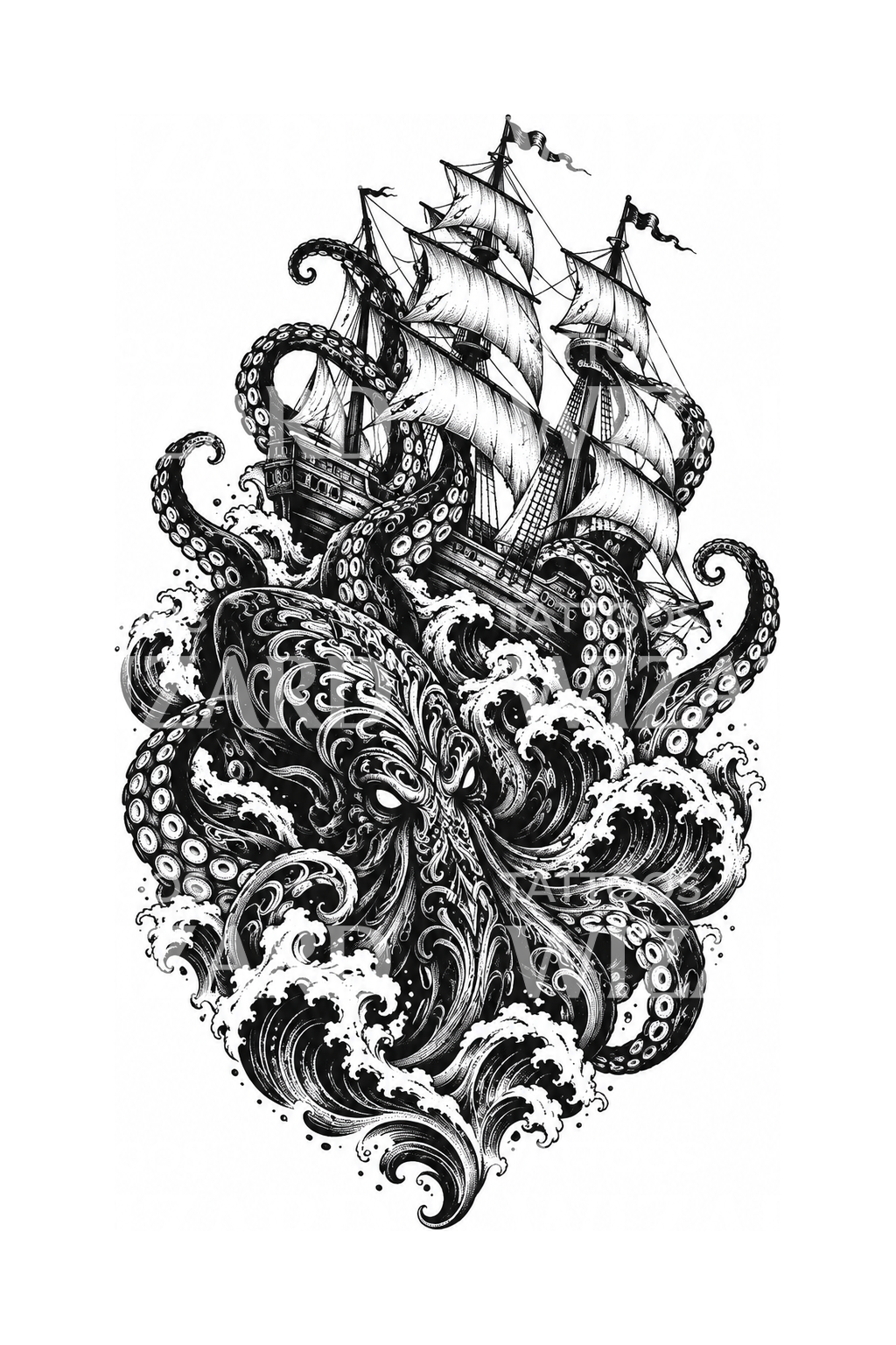 Blackwork tetoválás gályát megragadó krakennel