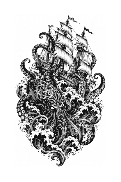 Blackwork tetoválás gályát megragadó krakennel
