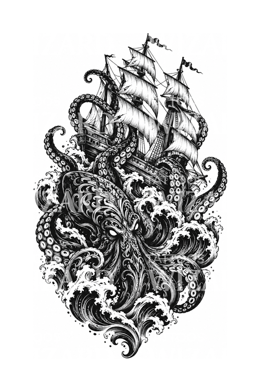 Kraken Seizing a Galleon Blackwork Tattoo Design