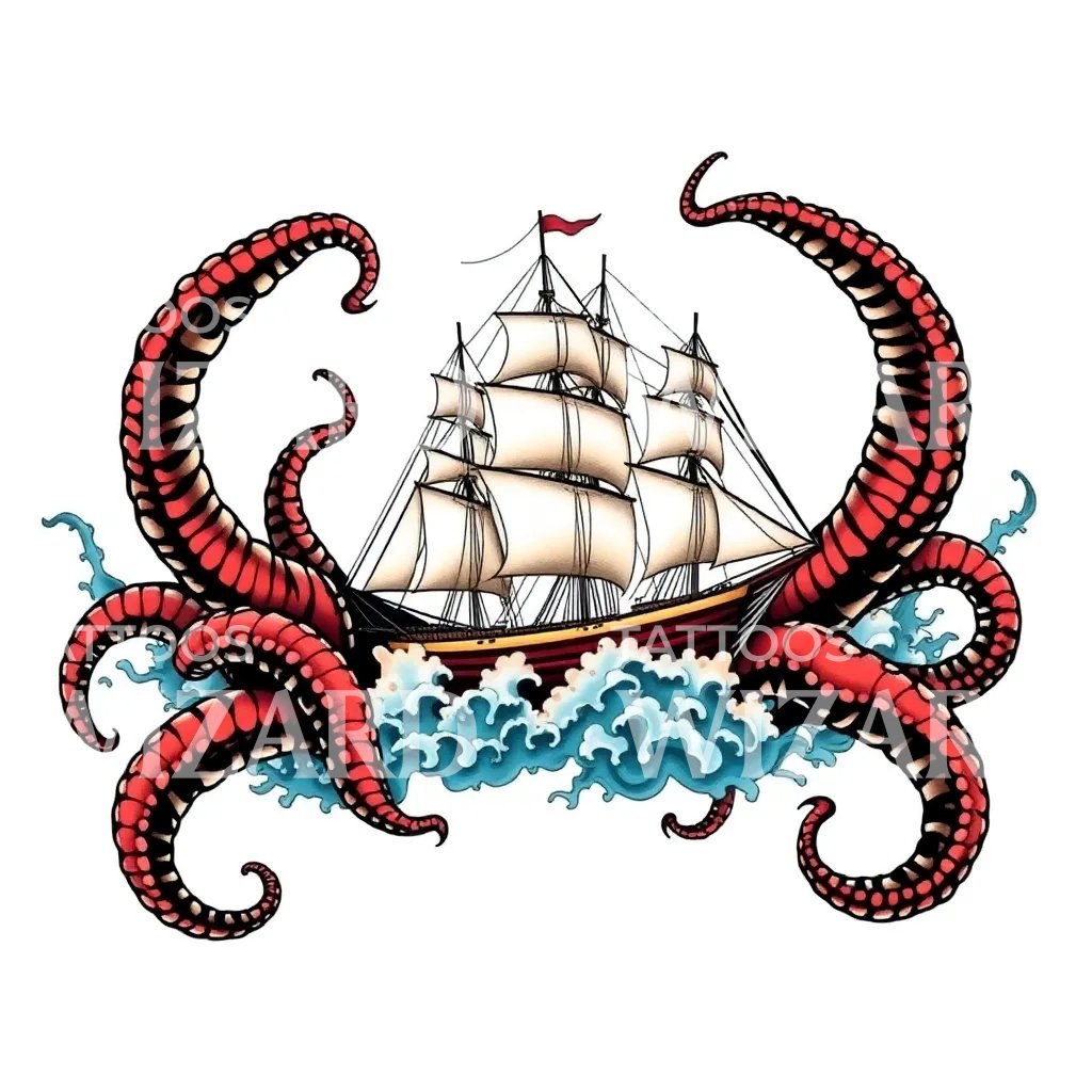 Kraken Ship Encounter Tattoo Design