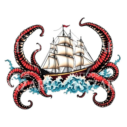 Kraken Ship Encounter Tattoo Design