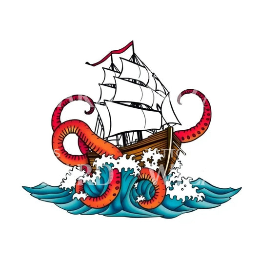 Kraken Ship Tattoo Illustration