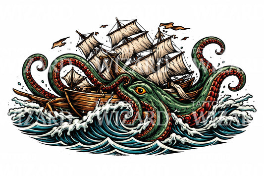 Kraken Shipwreck Tattoo Design