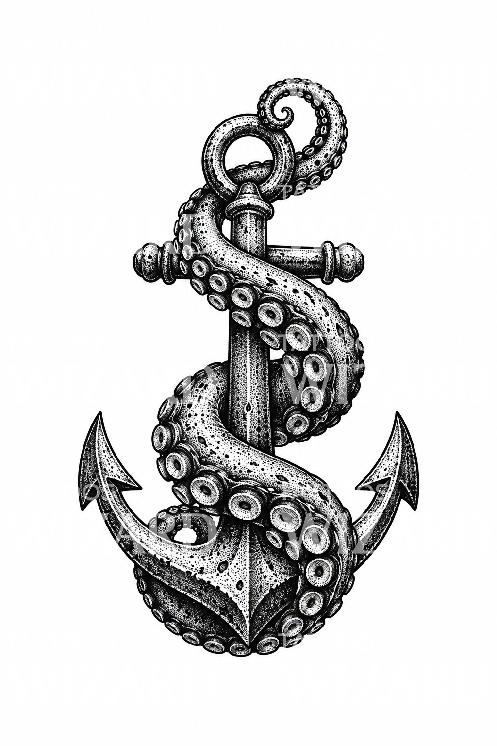 Kraken Tentacle Wrapped around Anchor Dotwork Tattoo